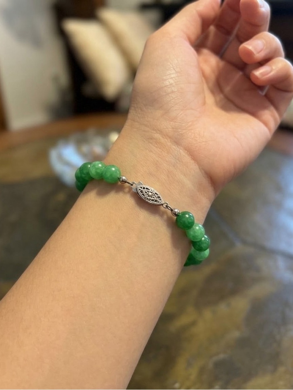 Green Jade Bracelet with Germany 925 Sterling Silver Clasp size 7-1/2